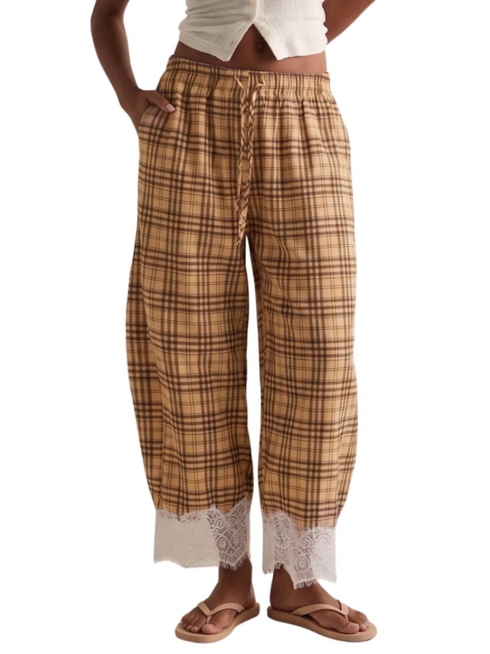 Tan Plaid Wide-Leg Lounge Pants with White Lace Hem